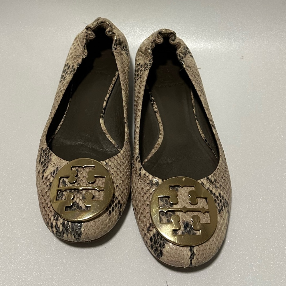Tory Burch Reva python snake print flats. Excellent condition. Gold medallion.